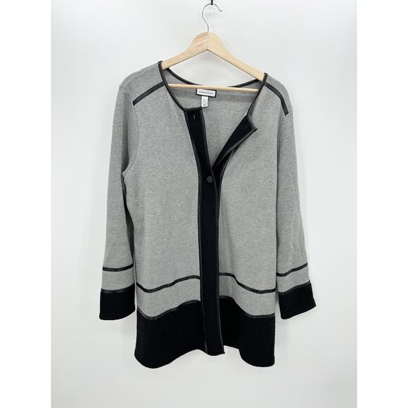 Charter Club Gray Black Button Front Cardigan Sweater Long Line Cotton Wool Sz L - Picture 1 of 7